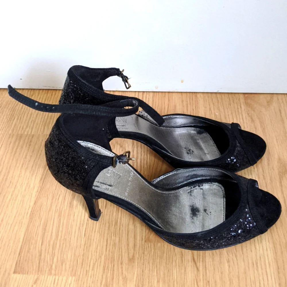 J.Crew Black Women's Glitter Sparkly Etta Strappy High Heels 9.5 Made in Italy - Picture 4 of 9